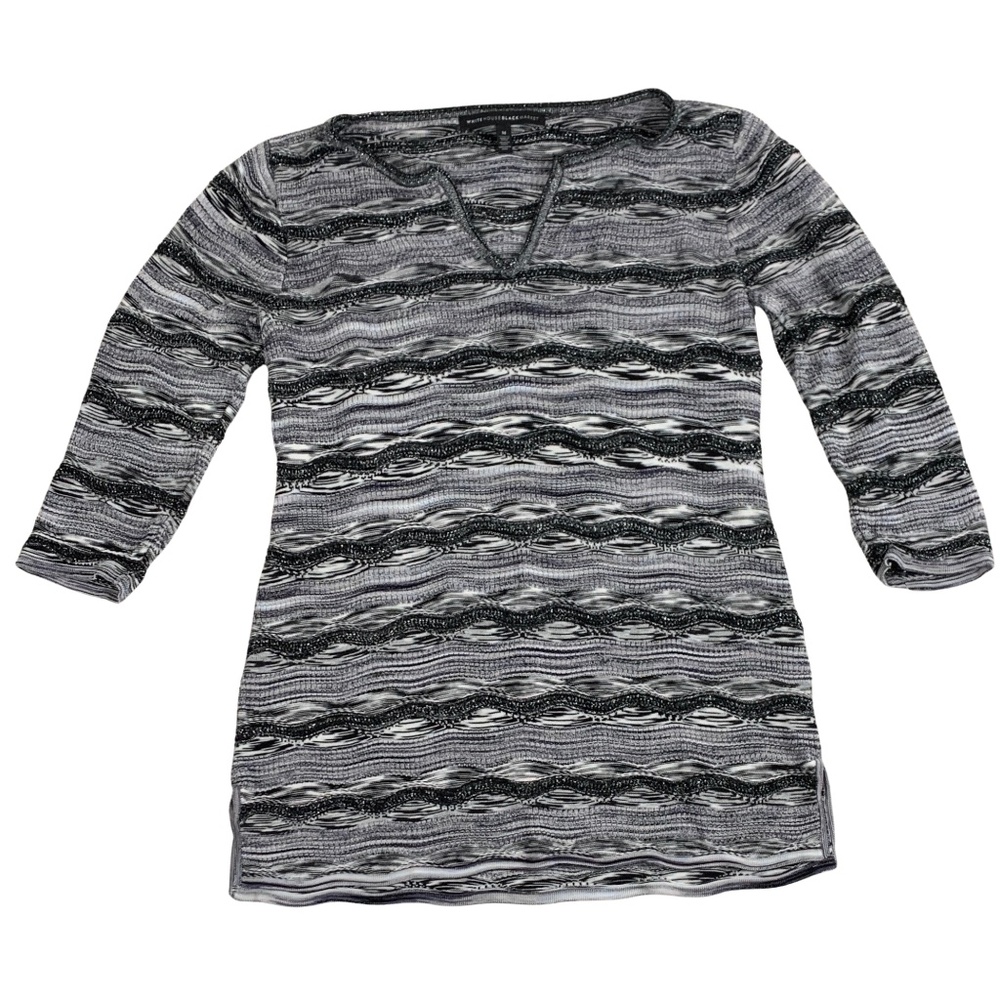 WHBM Contemporary Black Gray Monochrome Striped Sweater Tunic Business Casual M